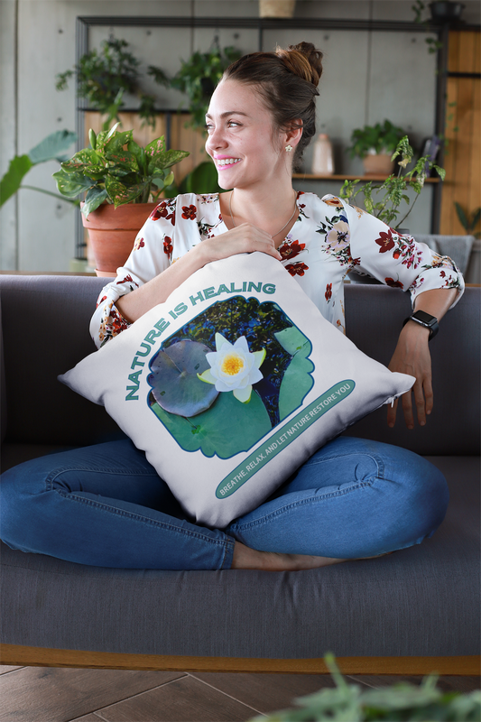 Spun Polyester Square Pillow- Water Lily Design for Nature Lovers and Mindfulness Practices