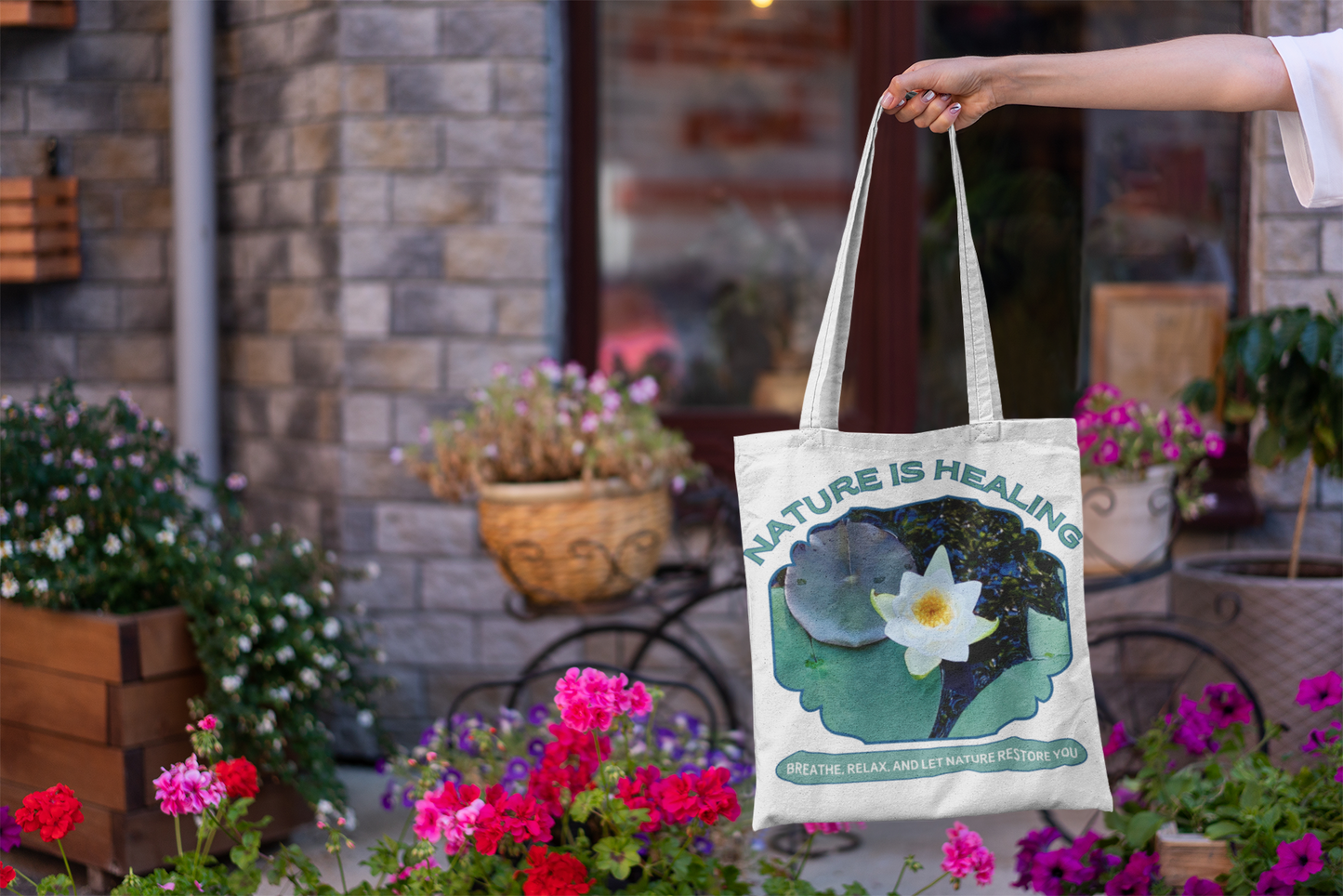 Nature Is Healing Tote Bag - Water Lily and Positive Vibes