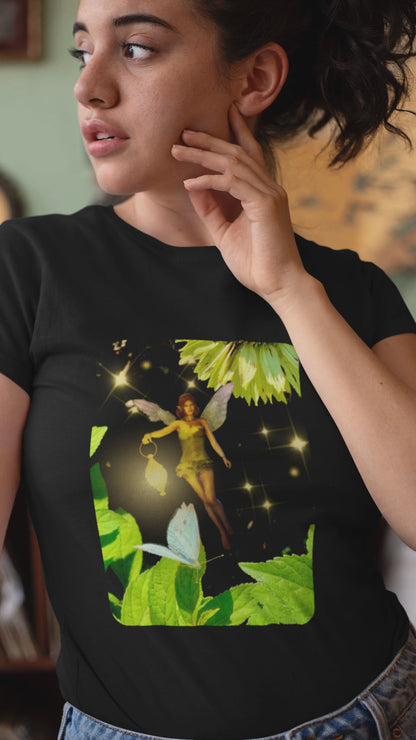 Fairy And Blue Butterfly In A Flower Garden- Unisex Tee
