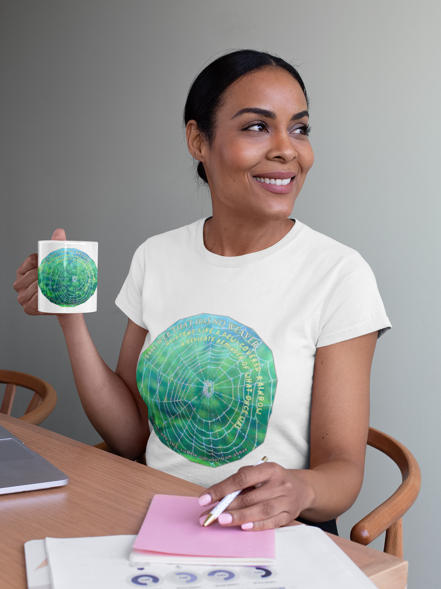 Nature-Themed Mug Featuring A Glistening Web And Poetry