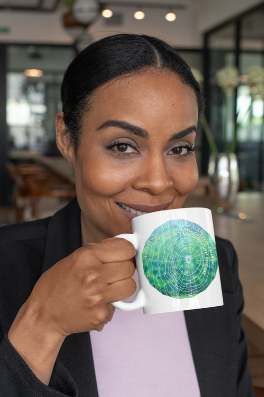 Nature-Themed Mug Featuring A Glistening Web And Poetry