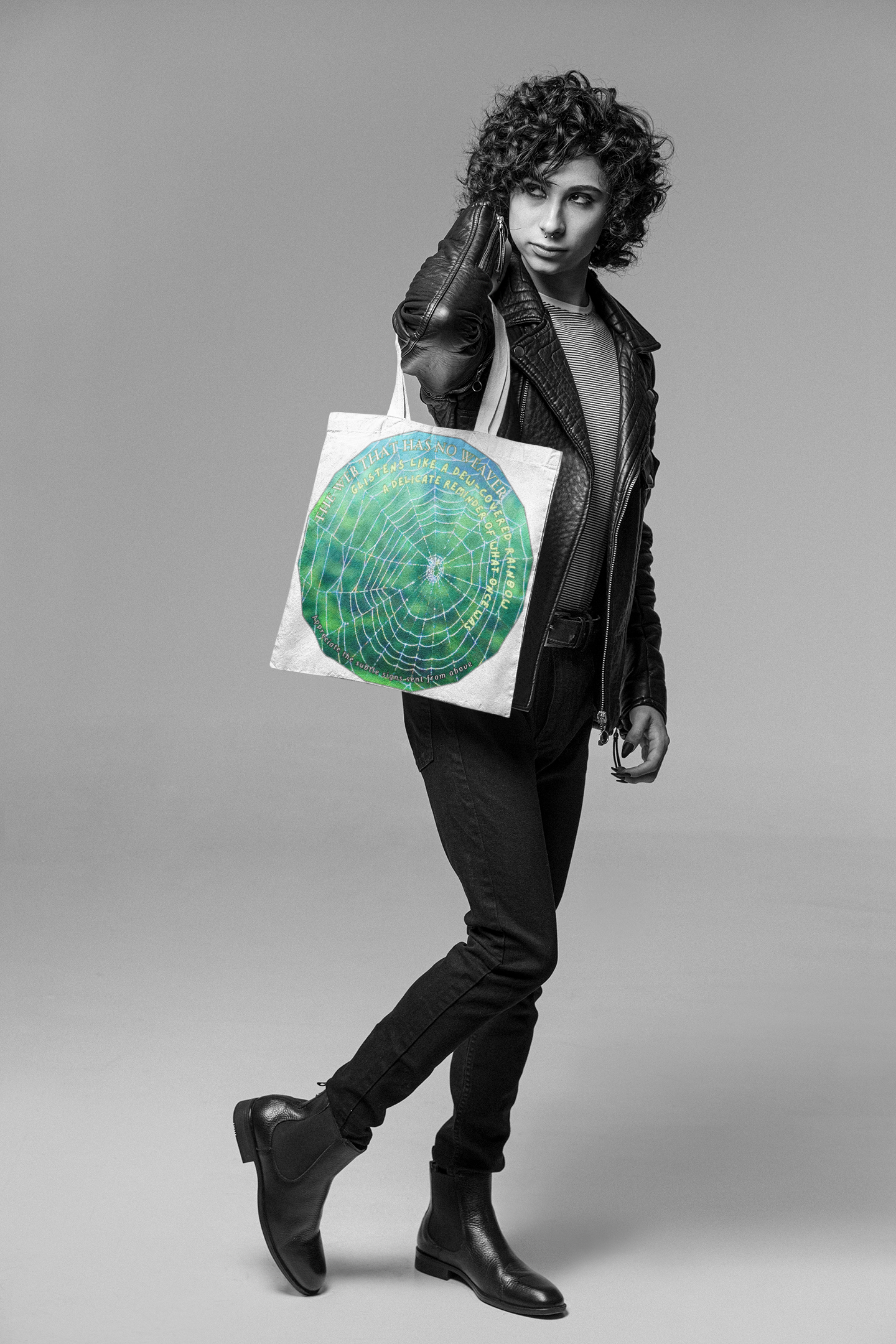 Nature-Themed Tote Bag- Featuring A Glistening Web And Poetry